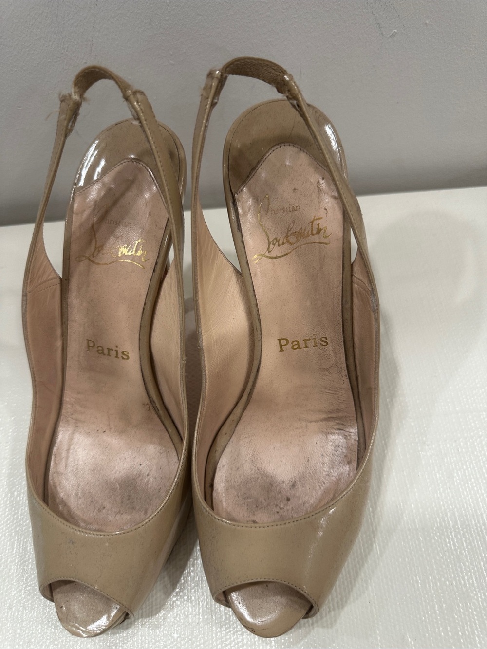 Christian Louboutin Nude Patent Leather Slingback Peep-Toe Pumps